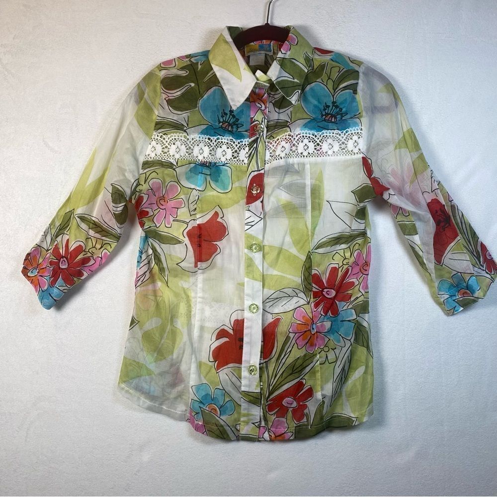 Sea Suns Vintage Semi-Sheer Floral Button Down Shirt Size Small